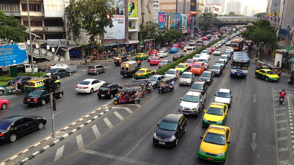 Bangkok street traffic taxis and cars