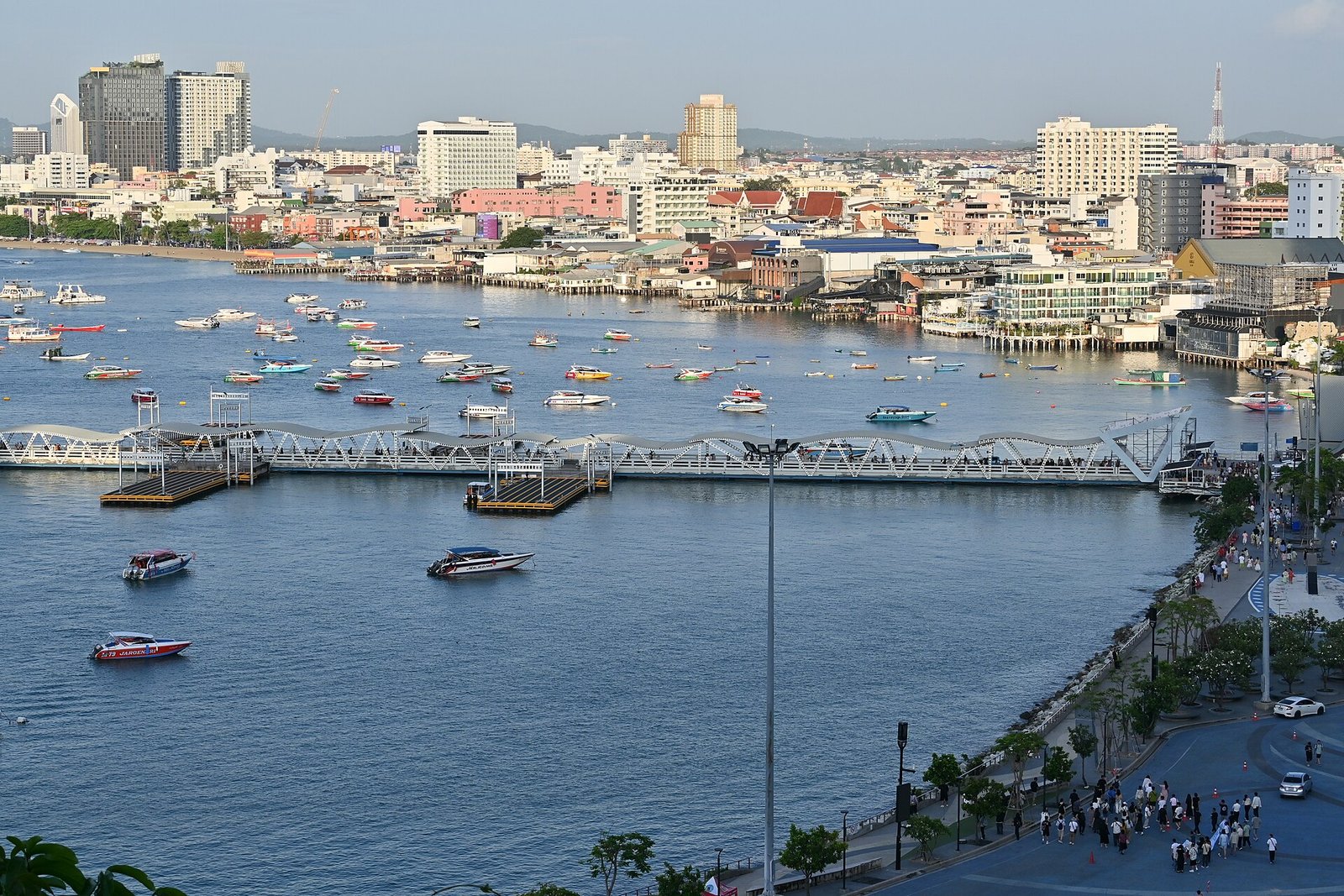 Aerial view of Pattaya Bay with high-rise hotels along Beach Road