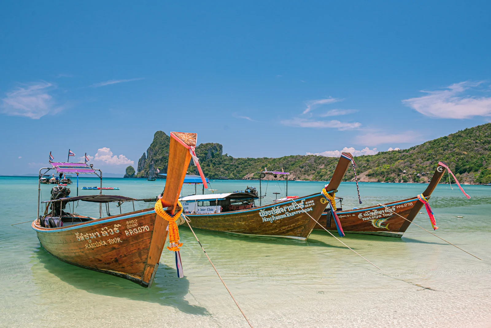 Andaman longtail boats anchored in shallow water the iconic vessels of Thailand southern islands including the Phi Phi to Koh Lanta region