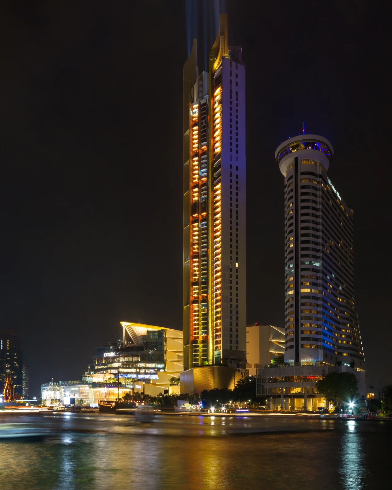 Iconsiam shopping mall at night on the Chao Phraya River Bangkok Charoen Nakorn side