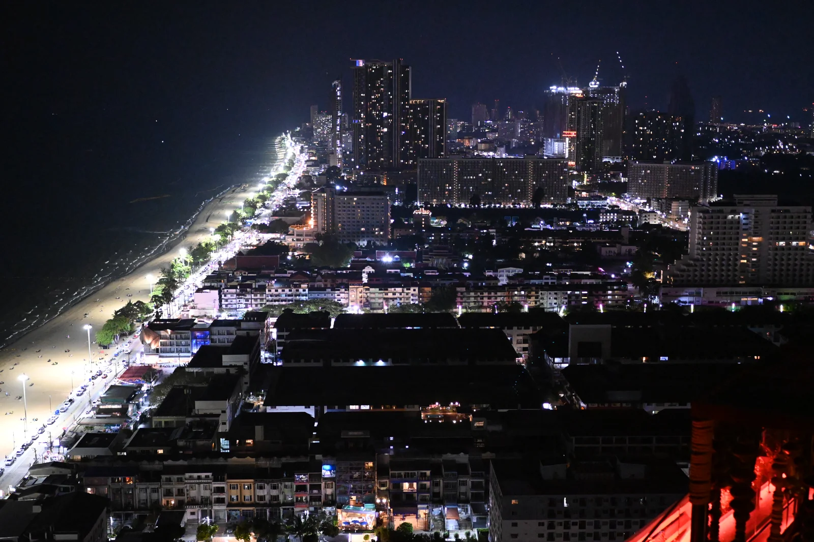 Aerial view of Pattaya Bay with high-rise hotels along Beach Road