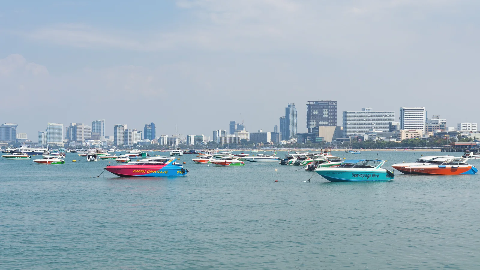 Pattaya Beach Road and central Pattaya skyline from the pier