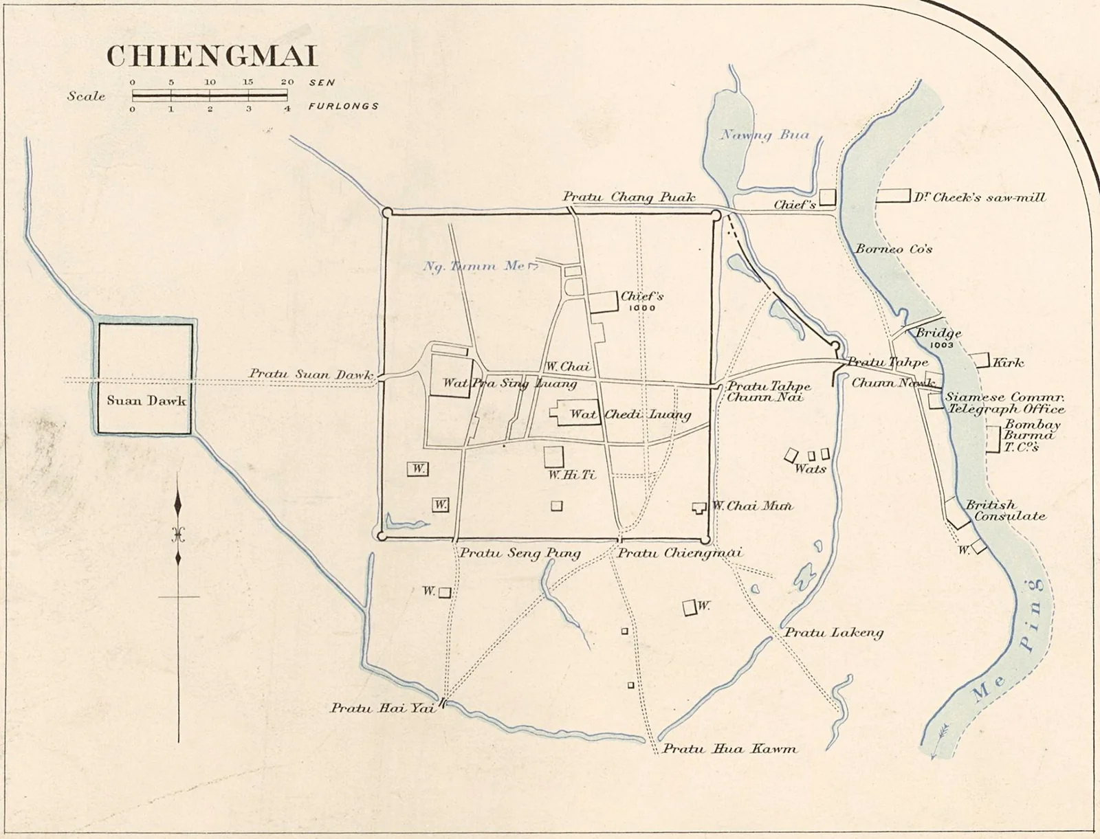 An 1890 survey map of Chiang Mai showing the walled old city, its gates and the Ping river