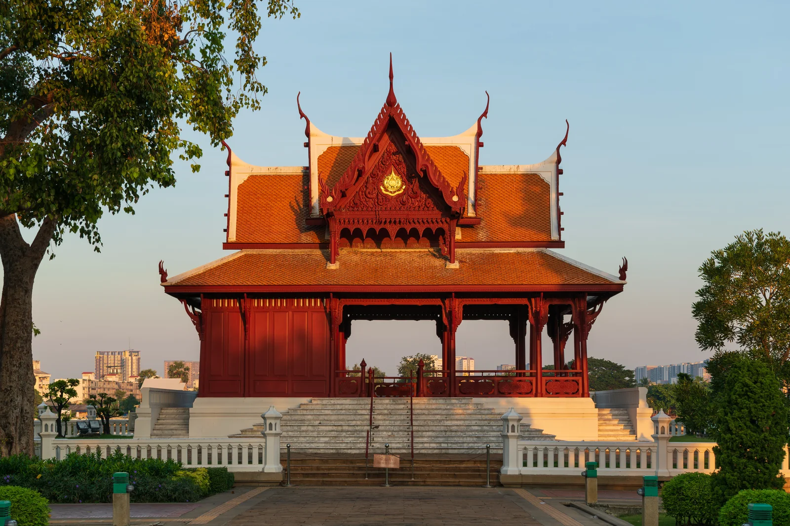 Santichaiprakarn Throne Hall beside the Chao Phraya river in Phra Nakhon, Bangkok, at golden hour