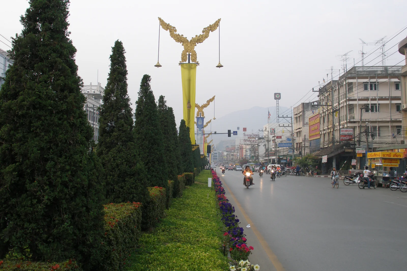 Street in Mae Sai, the northernmost town in Thailand, near the Myanmar border crossing